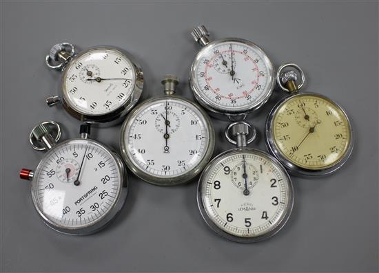 Six assorted stop watches, including Nero Lemania and Smiths.